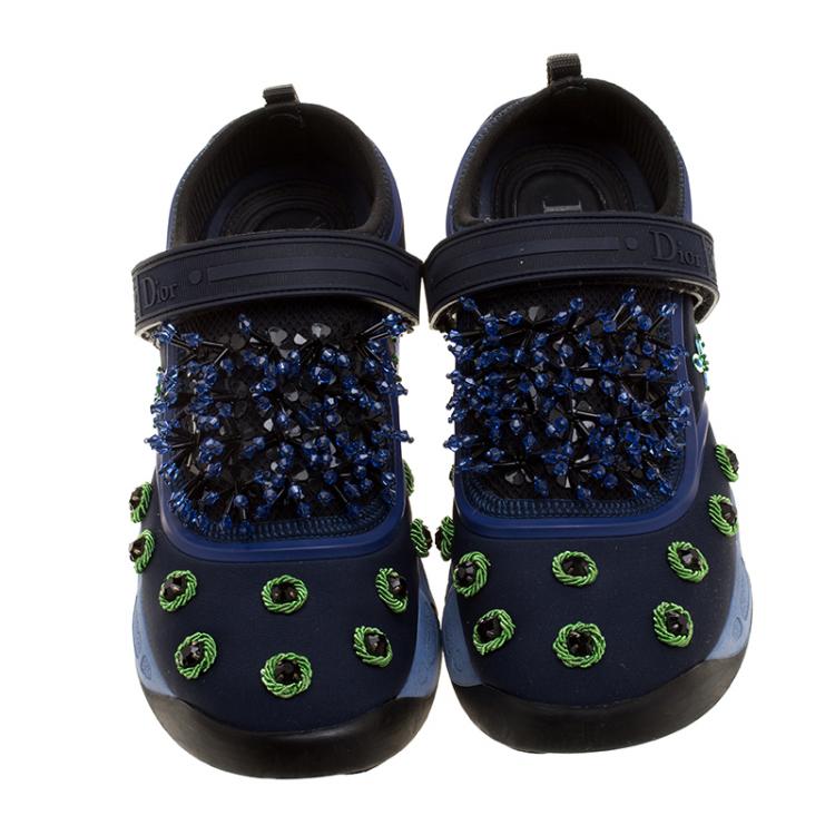 Pre Owned Dior Blue Crystal And Sequins Embellished Fabric Fusion Sneakers Size 36