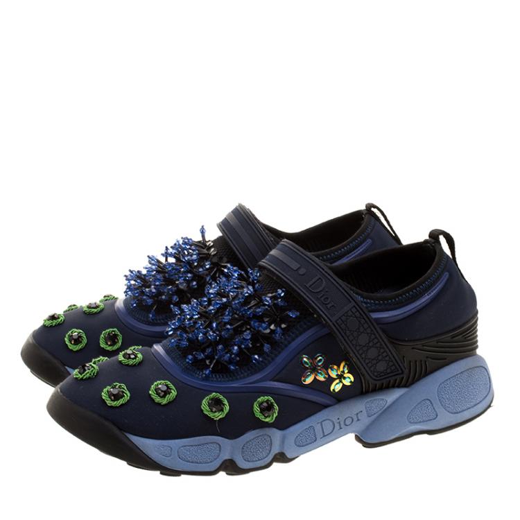 Pre Owned Dior Blue Crystal And Sequins Embellished Fabric Fusion Sneakers Size 36