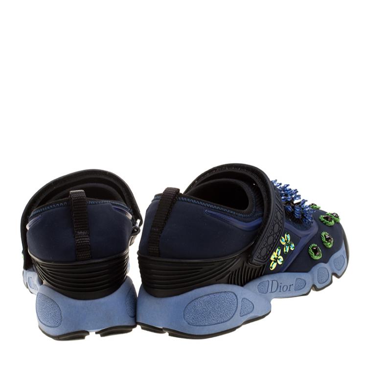 Pre Owned Dior Blue Crystal And Sequins Embellished Fabric Fusion Sneakers Size 36
