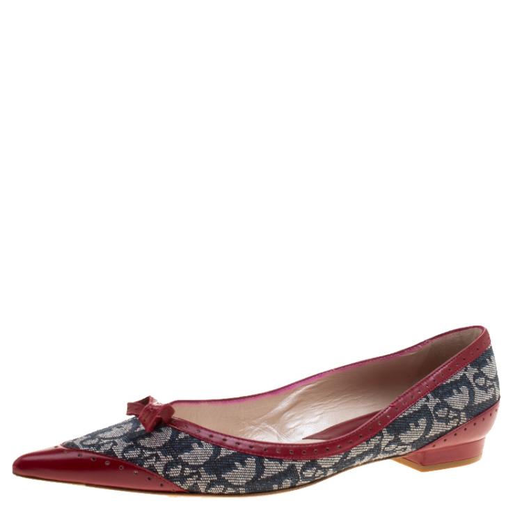 Pre Owned Dior Grey/Burgundy Canvas and Leather Pointed Toe Ballet Flats Size 40