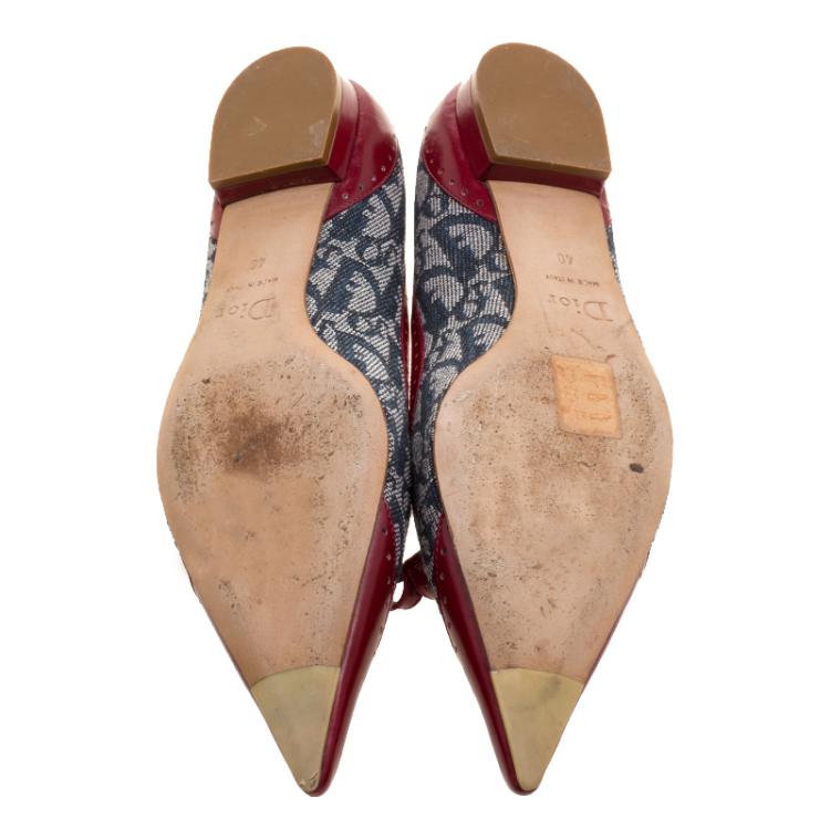 Pre Owned Dior Grey/Burgundy Canvas and Leather Pointed Toe Ballet Flats Size 40