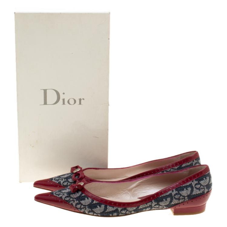 Pre Owned Dior Grey/Burgundy Canvas and Leather Pointed Toe Ballet Flats Size 40