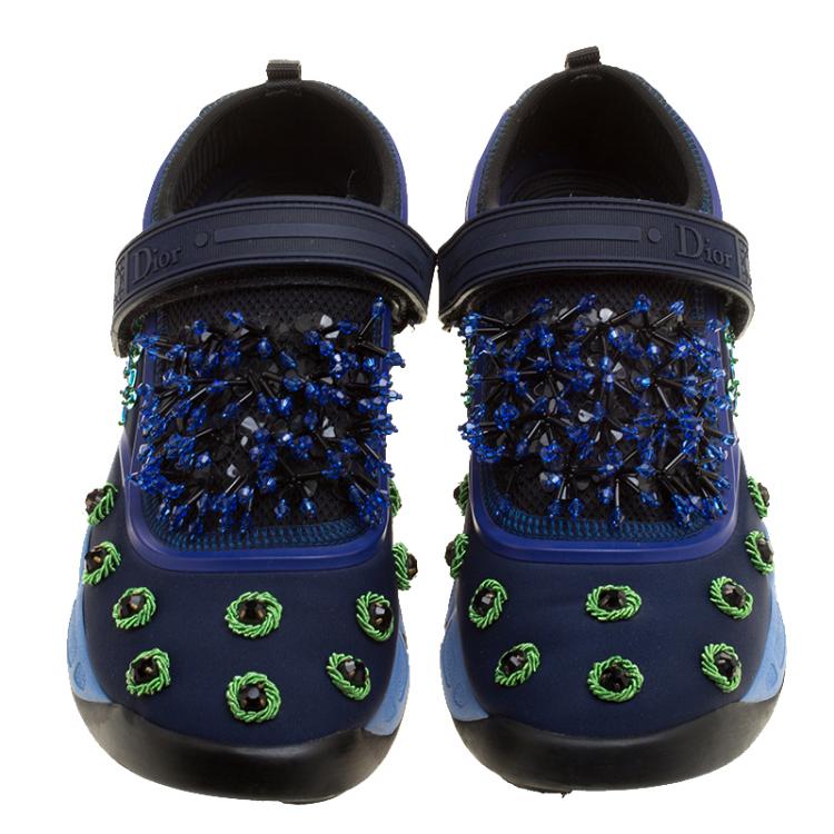 Pre Owned Dior Blue Crystal And Sequins Embellished Fabric Fusion Sneakers Size 37.5