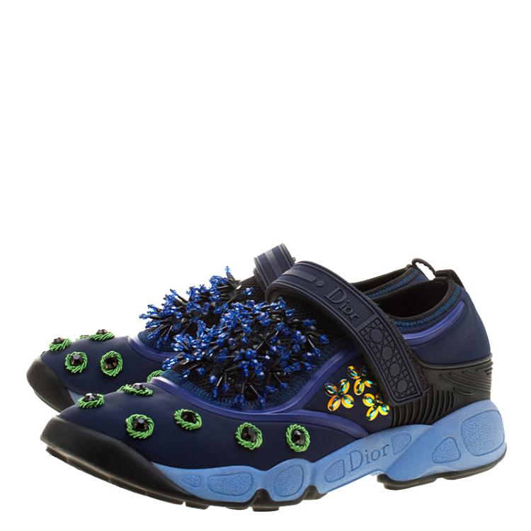 Pre Owned Dior Blue Crystal And Sequins Embellished Fabric Fusion Sneakers Size 37.5