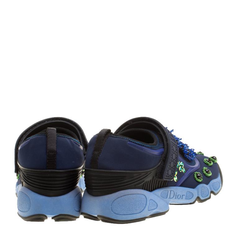 Pre Owned Dior Blue Crystal And Sequins Embellished Fabric Fusion Sneakers Size 37.5