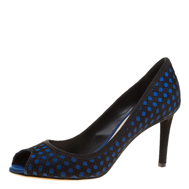 Pre Owned Dior Black/Blue Cannage Suede and Satin Peep Toe Pumps Size 