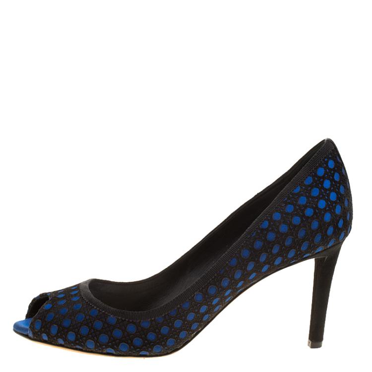 Pre Owned Dior Black/Blue Cannage Suede and Satin Peep Toe Pumps Size 