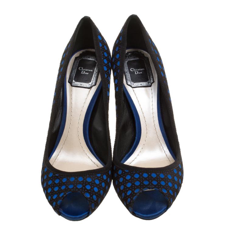 Pre Owned Dior Black/Blue Cannage Suede and Satin Peep Toe Pumps Size 