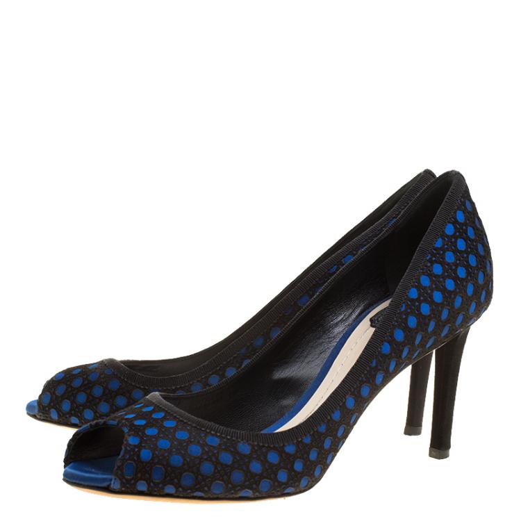 Pre Owned Dior Black/Blue Cannage Suede and Satin Peep Toe Pumps Size 