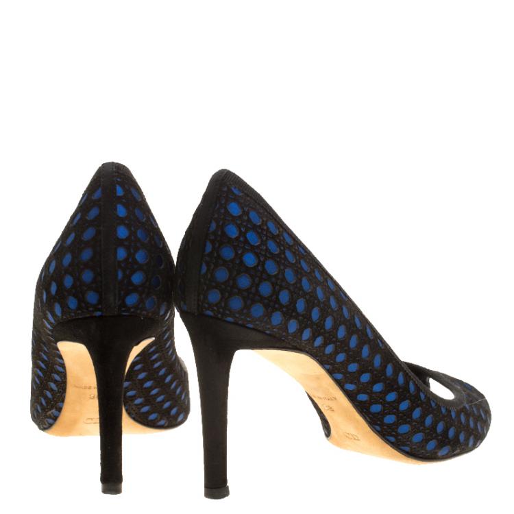 Pre Owned Dior Black/Blue Cannage Suede and Satin Peep Toe Pumps Size 