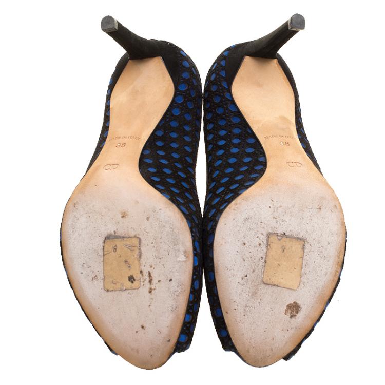 Pre Owned Dior Black/Blue Cannage Suede and Satin Peep Toe Pumps Size 
