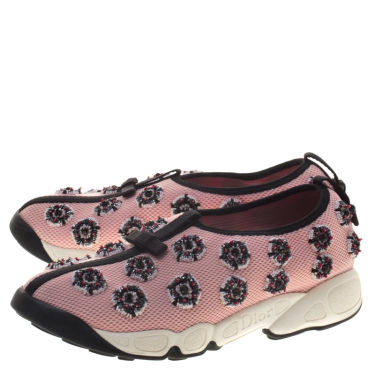 Pre Owned Dior Blush Pink Embellished Mesh Fusion Slip On Sneakers Size 37.5