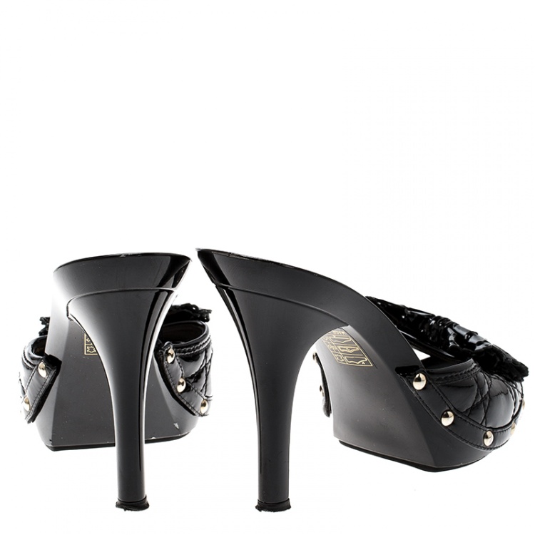 Pre Owned Dior Black Cannage Patent Leather Bow Slides Size 38