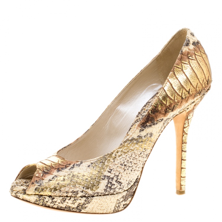 Pre Owned Dior Beige/Gold Python Skin Effect Leather Miss Dior Peep Toe Platform Pumps Size 38