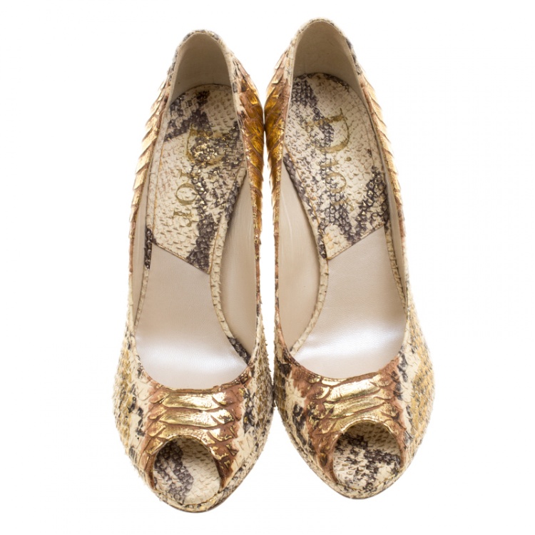 Pre Owned Dior Beige/Gold Python Skin Effect Leather Miss Dior Peep Toe Platform Pumps Size 38