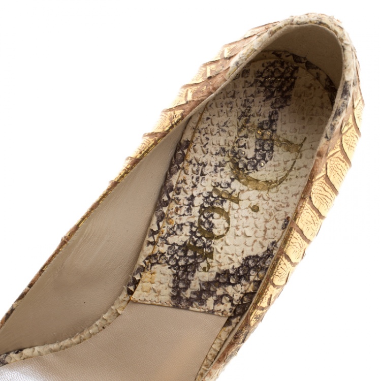 Pre Owned Dior Beige/Gold Python Skin Effect Leather Miss Dior Peep Toe Platform Pumps Size 38