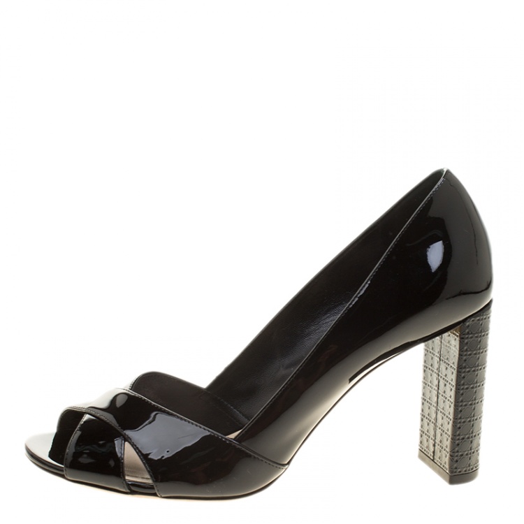 Pre Owned Dior Black Patent Leather Cross Strap Peep Toe Cannage Heel Pumps Size 38