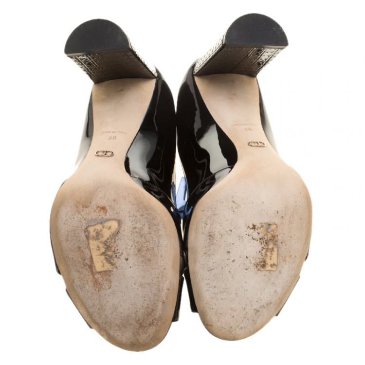 Pre Owned Dior Black Patent Leather Cross Strap Peep Toe Cannage Heel Pumps Size 38