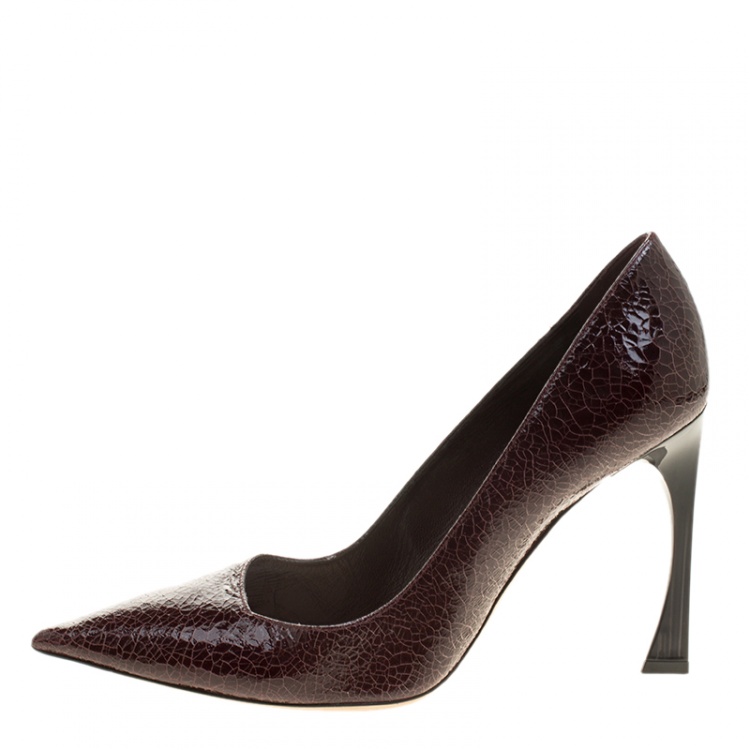 Pre Owned Dior Bordeaux Crackled Patent Leather Pointed Toe Pumps Size 38