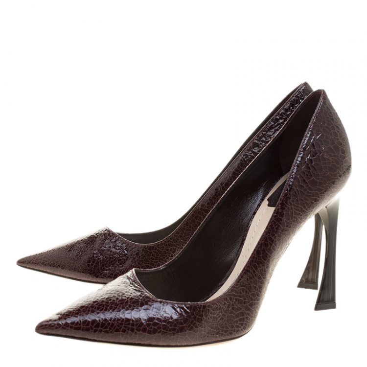 Pre Owned Dior Bordeaux Crackled Patent Leather Pointed Toe Pumps Size 38