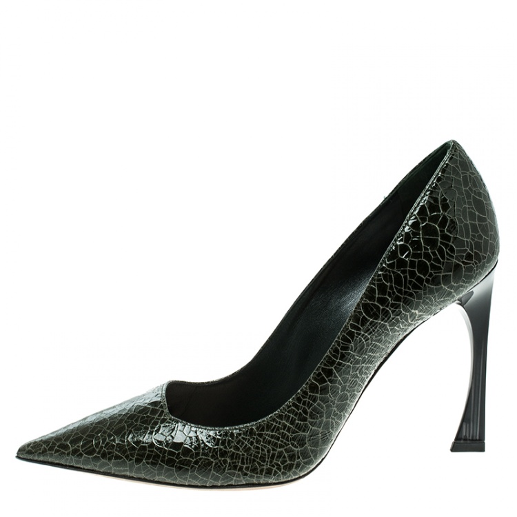Pre Owned Dior Green Crackled Leather Pointed Toe Pumps Size 38
