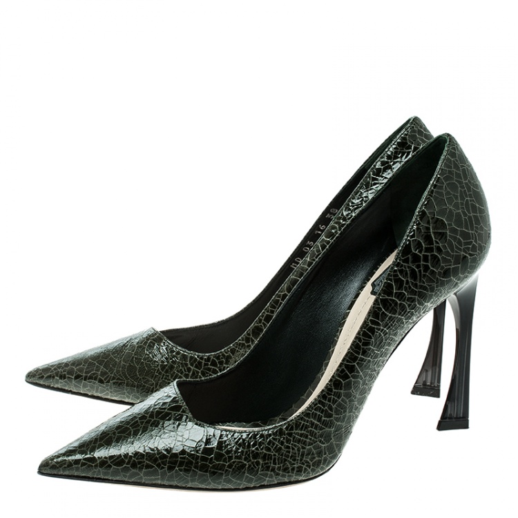 Pre Owned Dior Green Crackled Leather Pointed Toe Pumps Size 38