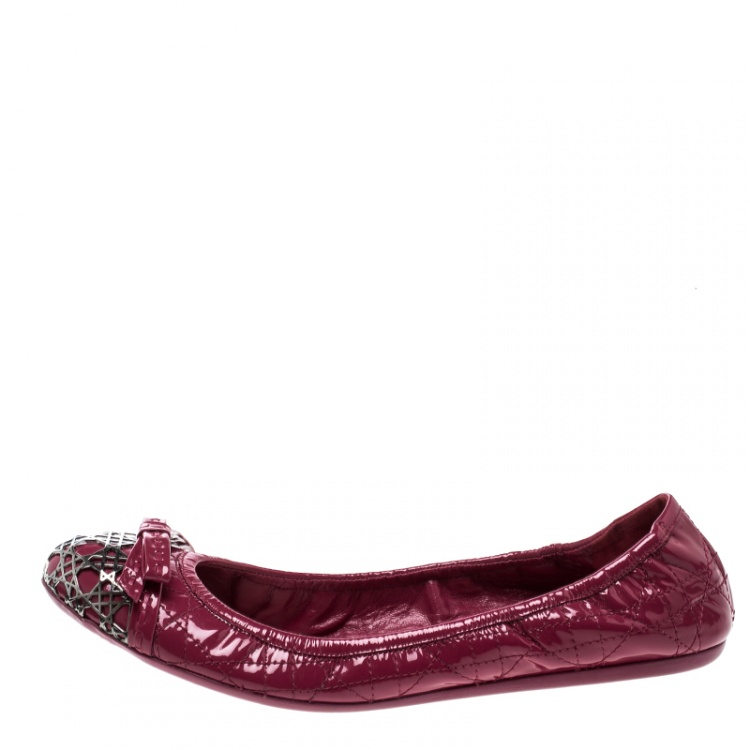 Pre Owned Dior Pink Patent Cannage Leather Icon Metal Cap Toe Bow Scrunch Ballet Flats Size 40