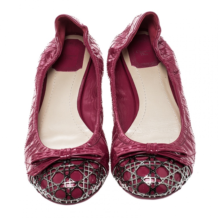 Pre Owned Dior Pink Patent Cannage Leather Icon Metal Cap Toe Bow Scrunch Ballet Flats Size 40