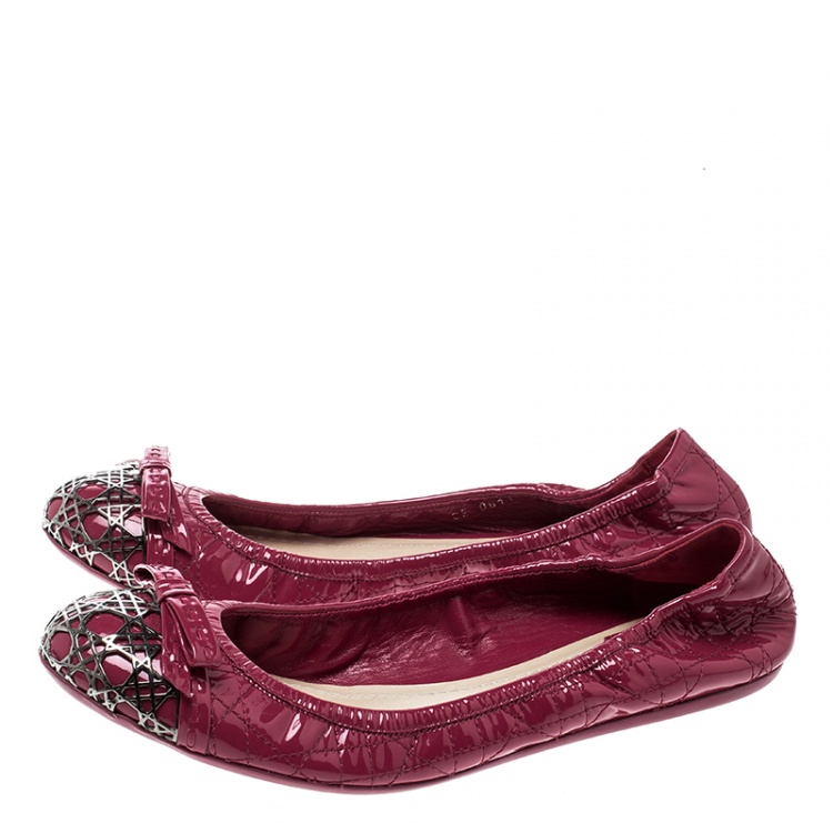 Pre Owned Dior Pink Patent Cannage Leather Icon Metal Cap Toe Bow Scrunch Ballet Flats Size 40