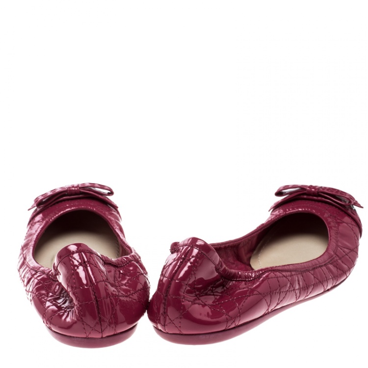 Pre Owned Dior Pink Patent Cannage Leather Icon Metal Cap Toe Bow Scrunch Ballet Flats Size 40
