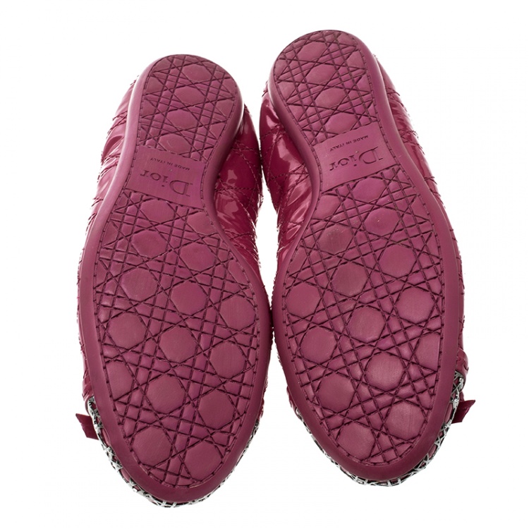 Pre Owned Dior Pink Patent Cannage Leather Icon Metal Cap Toe Bow Scrunch Ballet Flats Size 40