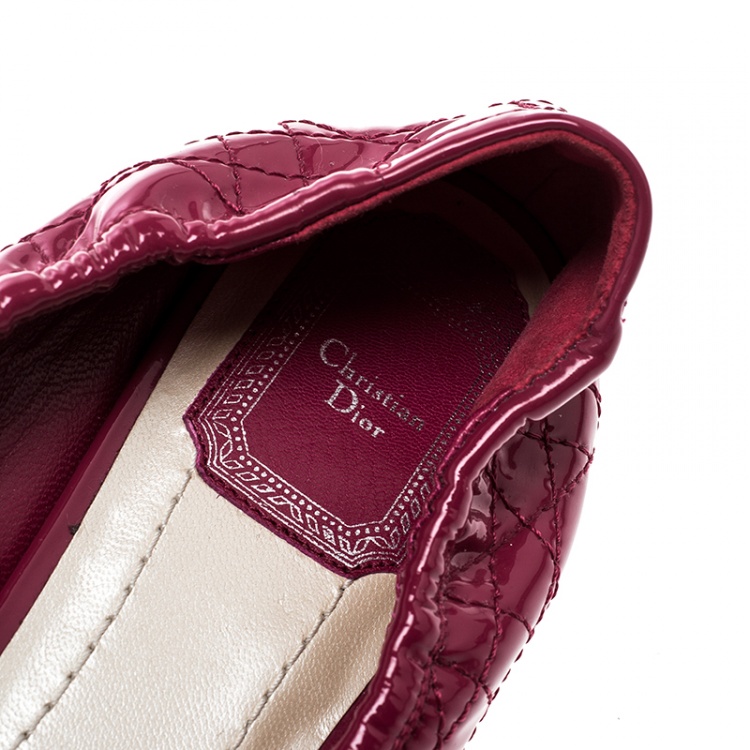 Pre Owned Dior Pink Patent Cannage Leather Icon Metal Cap Toe Bow Scrunch Ballet Flats Size 40