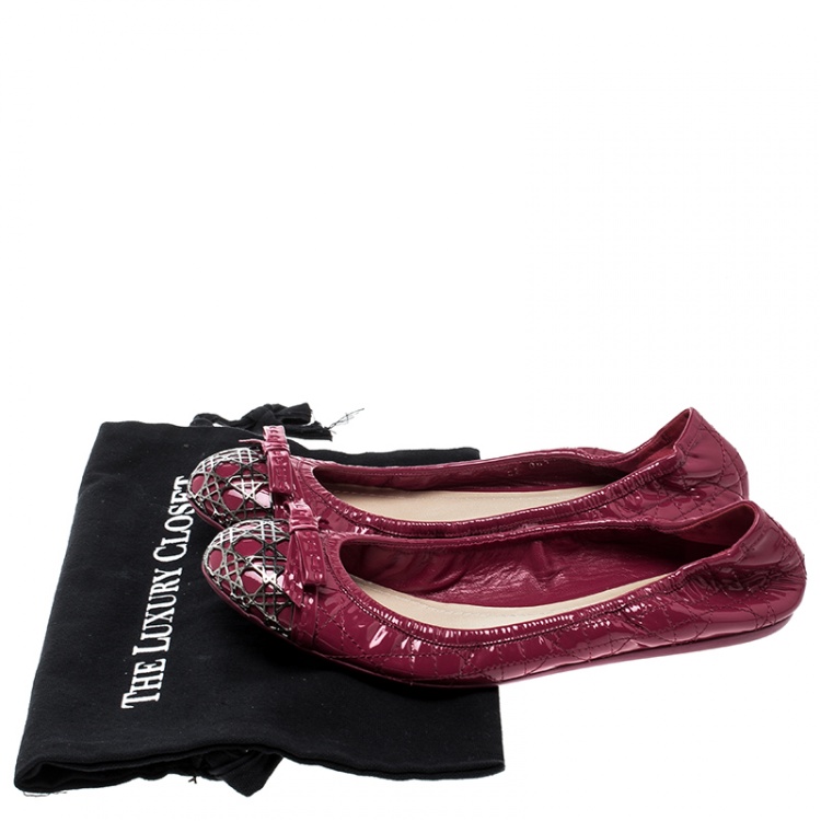 Pre Owned Dior Pink Patent Cannage Leather Icon Metal Cap Toe Bow Scrunch Ballet Flats Size 40