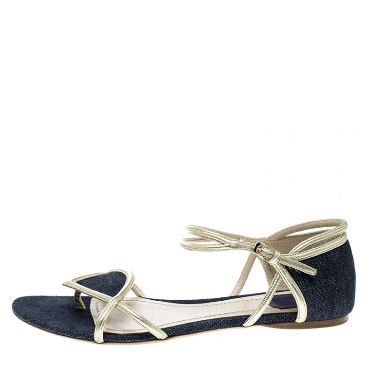 Pre Owned Dior Blue Denim Ankle Strap Thong Flat Sandals Size 40