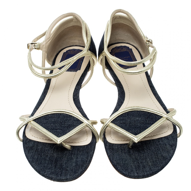 Pre Owned Dior Blue Denim Ankle Strap Thong Flat Sandals Size 40