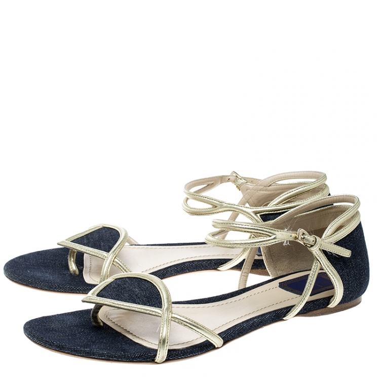 Pre Owned Dior Blue Denim Ankle Strap Thong Flat Sandals Size 40