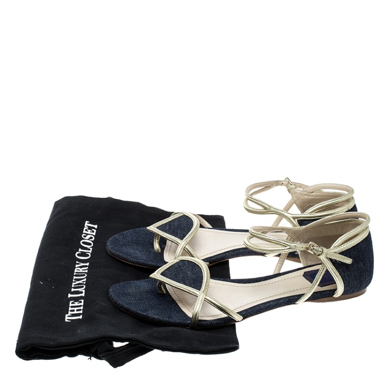Pre Owned Dior Blue Denim Ankle Strap Thong Flat Sandals Size 40