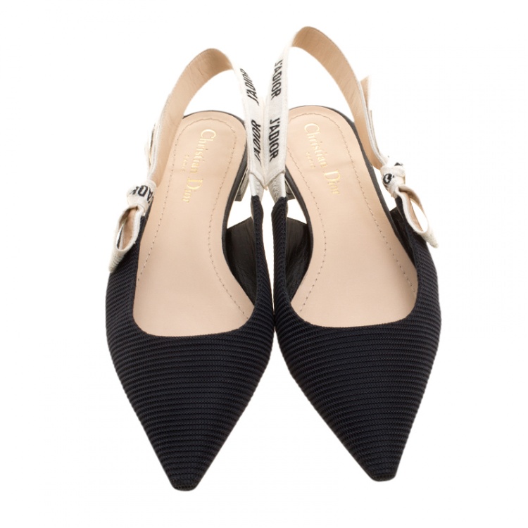 Pre Owned Dior Black Canvas J'adior Ribbon Pointed Toe Slingback Flats Size 39