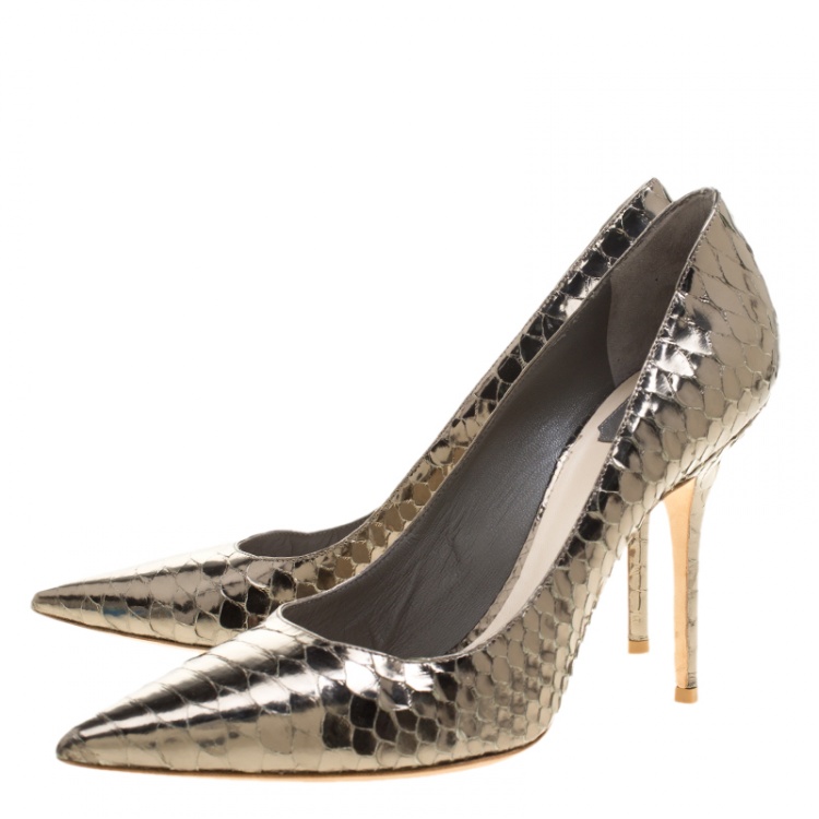 Pre Owned Dior Metallic Dull Silver Python Leather Pointed Toe Pumps Size 39.5