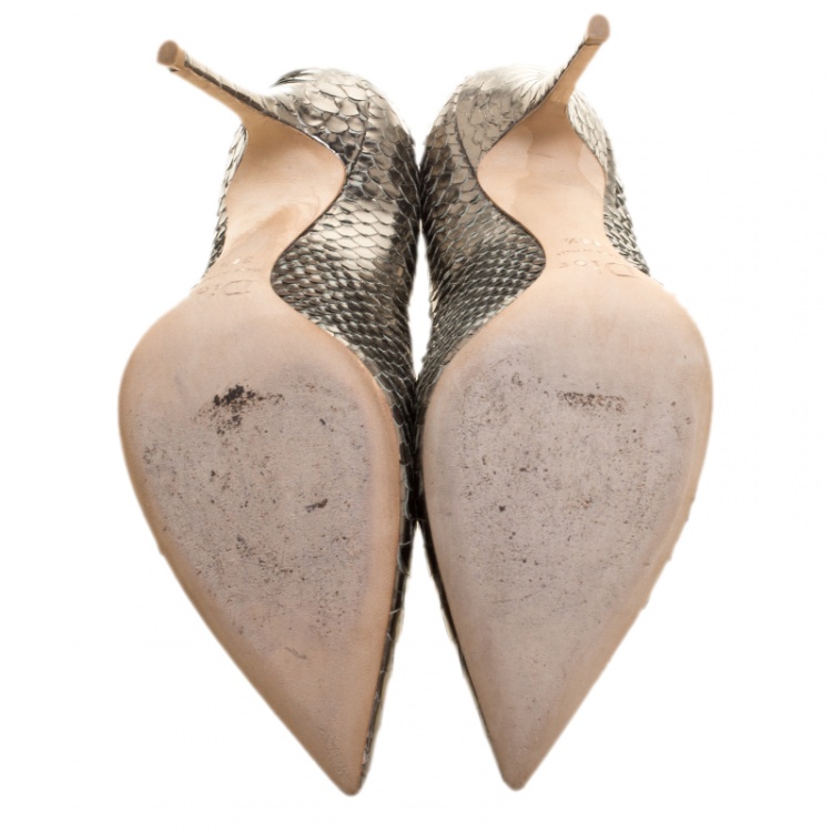 Pre Owned Dior Metallic Dull Silver Python Leather Pointed Toe Pumps Size 39.5