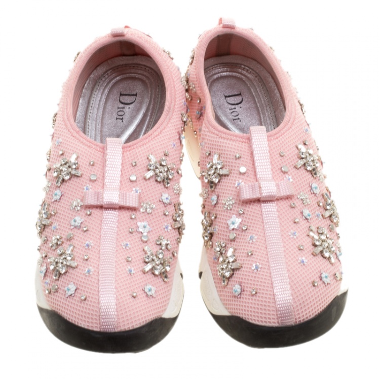 Pre Owned Dior Pink Crystal Embellished Mesh Fusion Slip On Sneakers Size 39