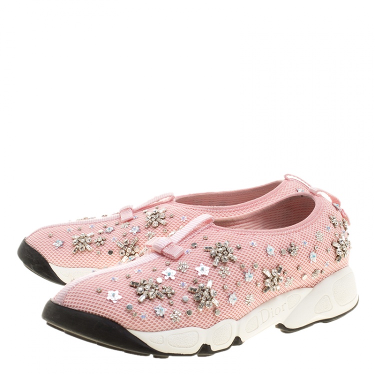 Pre Owned Dior Pink Crystal Embellished Mesh Fusion Slip On Sneakers Size 39