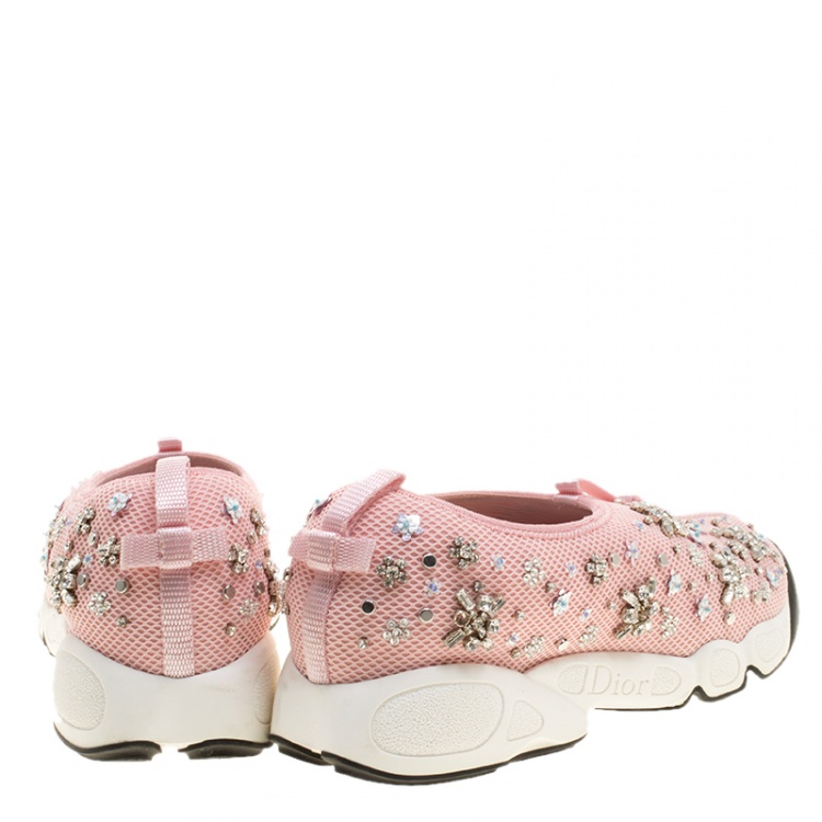 Pre Owned Dior Pink Crystal Embellished Mesh Fusion Slip On Sneakers Size 39