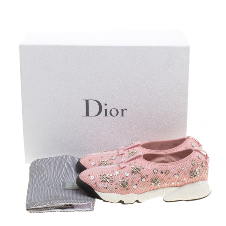 Pre Owned Dior Pink Crystal Embellished Mesh Fusion Slip On Sneakers Size 39