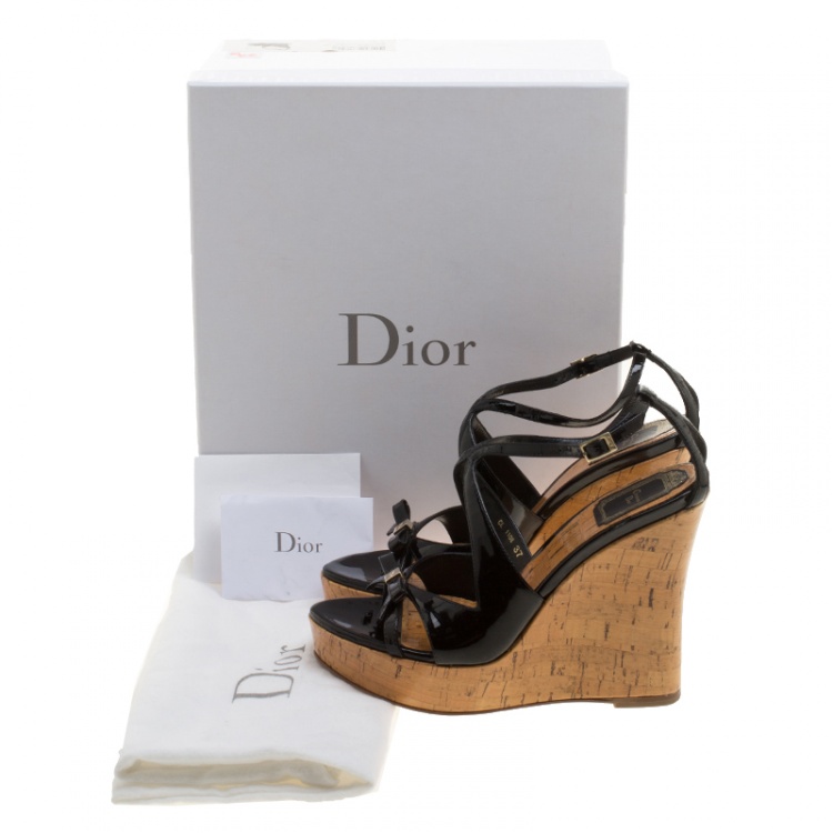 Pre Owned Christian Dior Black Patent Leather Dior Starlet Platform Cork Wedges Size 37