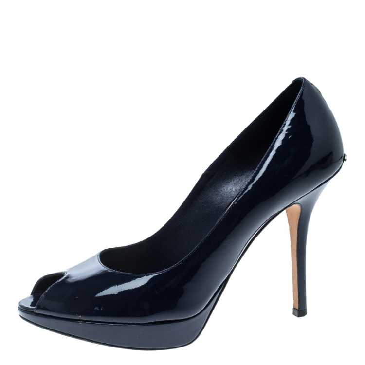Pre Owned Dior Blue Patent Leather Miss Dior Peep Toe Platform Pumps Size 39.5