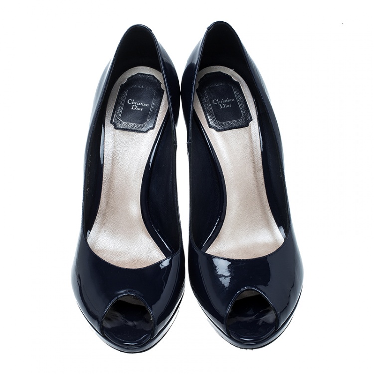 Pre Owned Dior Blue Patent Leather Miss Dior Peep Toe Platform Pumps Size 39.5