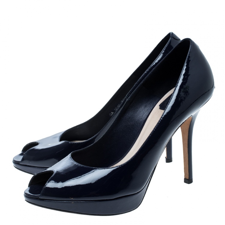 Pre Owned Dior Blue Patent Leather Miss Dior Peep Toe Platform Pumps Size 39.5