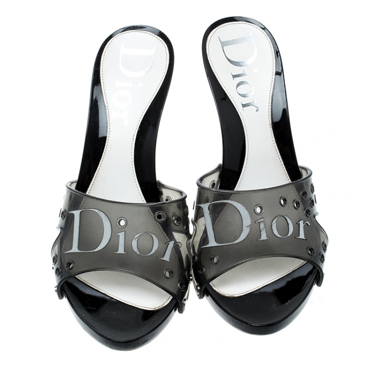 Pre Owned Dior Black Leather And PVC Logo Peep Toe Slides Size 37