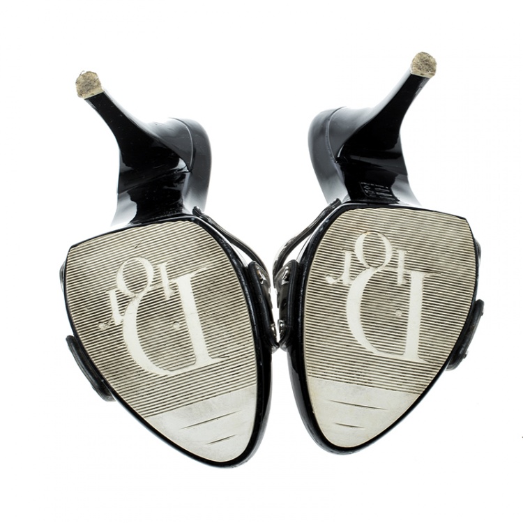 Pre Owned Dior Black Leather And PVC Logo Peep Toe Slides Size 37
